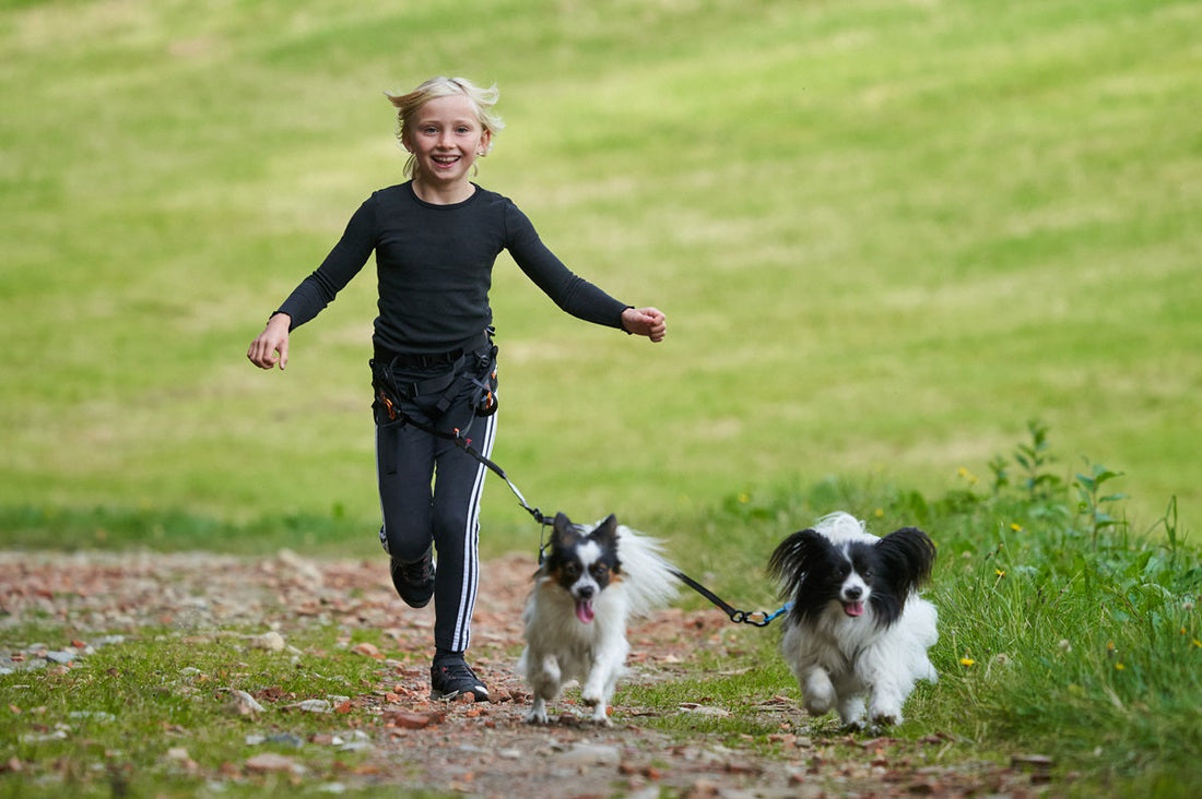 Girl running with two papillon dogs