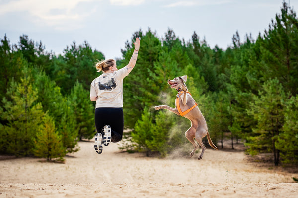 A woman and a dog jump together on a sandy path surrounded by pine trees. The woman is wearing the limited edition graphic t-shirt and black pants, and the dog is wearing an orange harness.