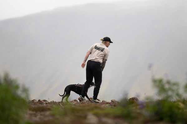 A person wearing the limited edition t-shirt, black pants, and a black cap walks outdoors with a black dog on a rocky path with a misty mountain background.